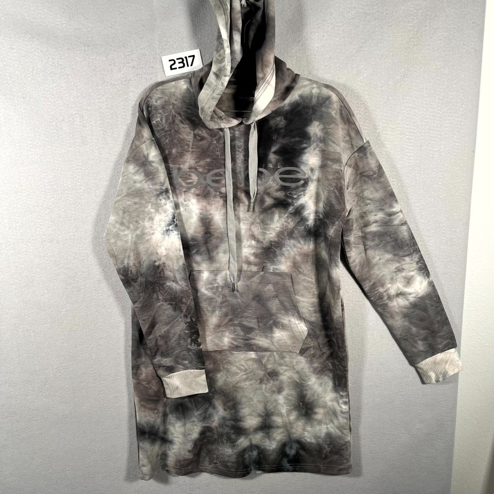 Bebe Sport Hooded Sweater Dress Womens Medium Gray Tie Dye Stretch Long‎ Sleeve